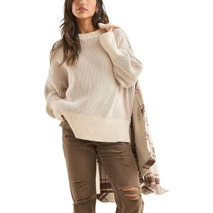 Women's Fashion Autumn Casual Ribbed Knit Crew Neck Sweater