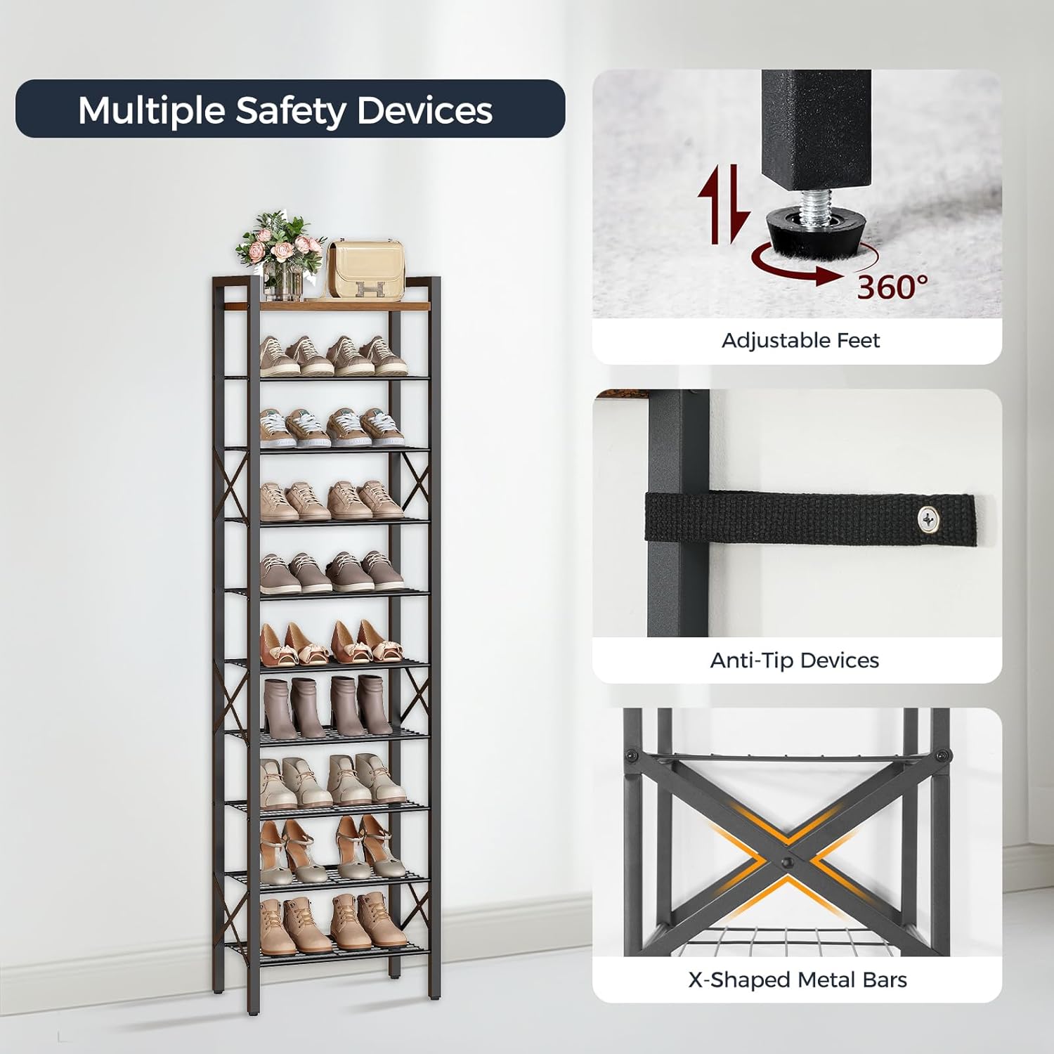 10-layer narrow iron shoe rack