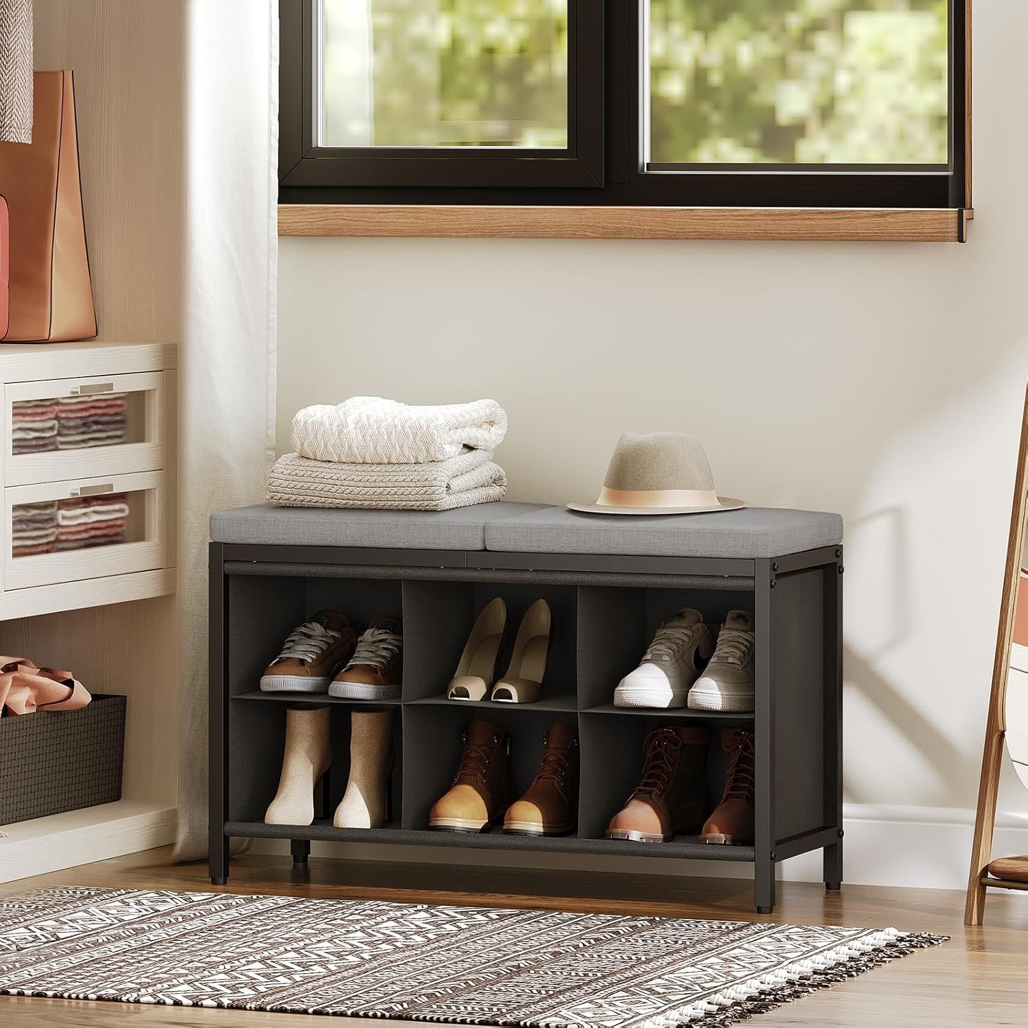 Padded entryway shoe bench
