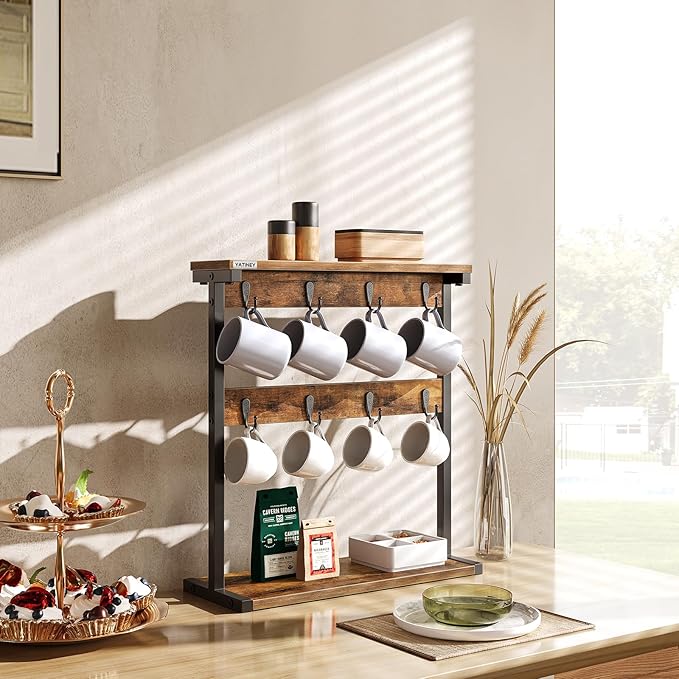 Double counter with 8 hooks and 2 open Mug Holder Rack