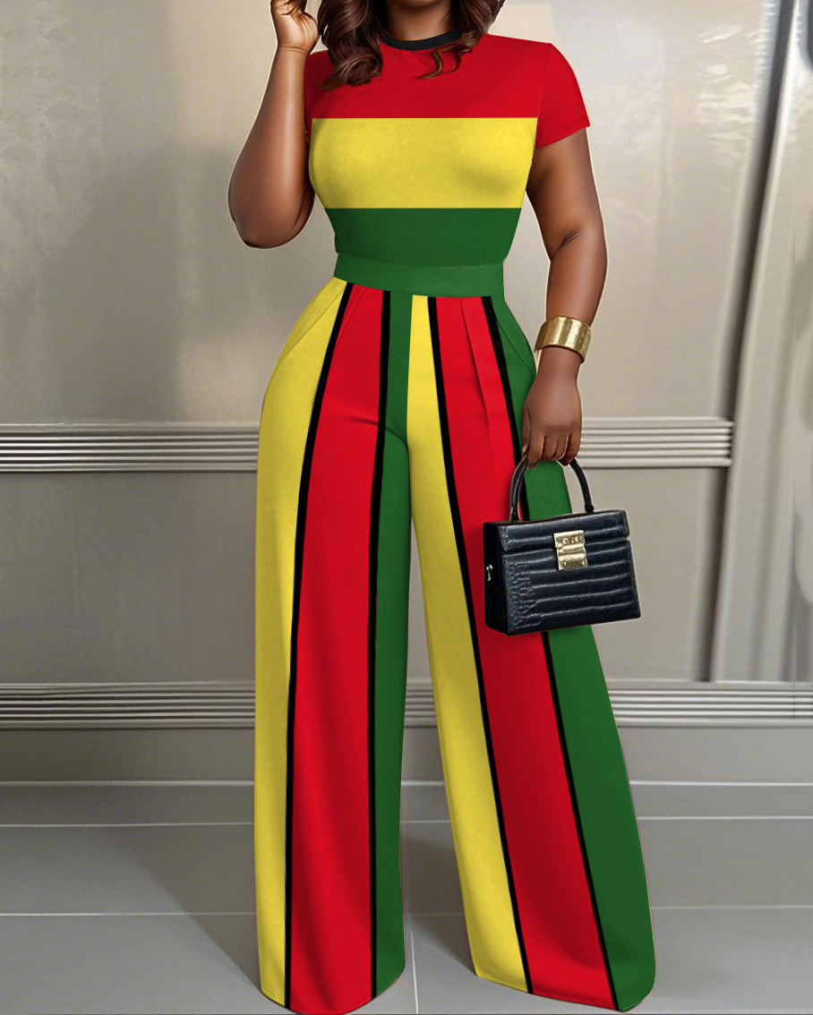 Reggae Stripes Stitching Women 2pcs Set Short Sleeve Shirt and Wide Leg Pants