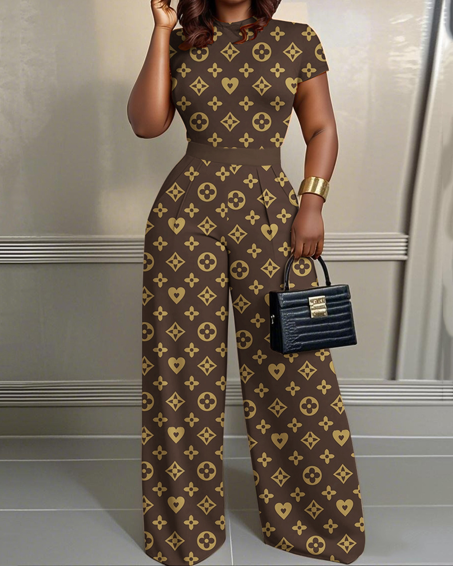 Heart Flower Print 2pcs Set Short Sleeve Shirt and Wide Leg Pants