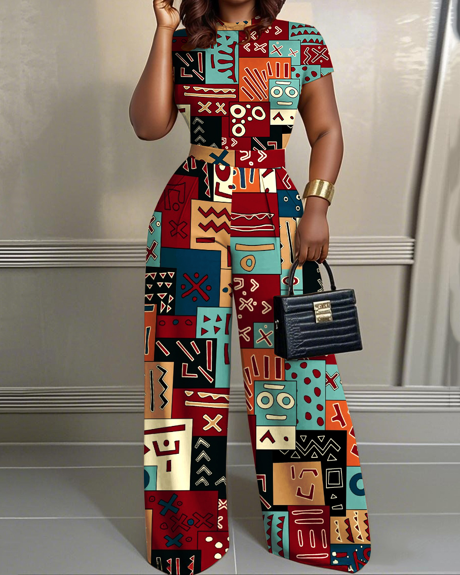 Tribal Totem Splicing 2pcs Set Short Sleeve Shirt and Wide Leg Pants