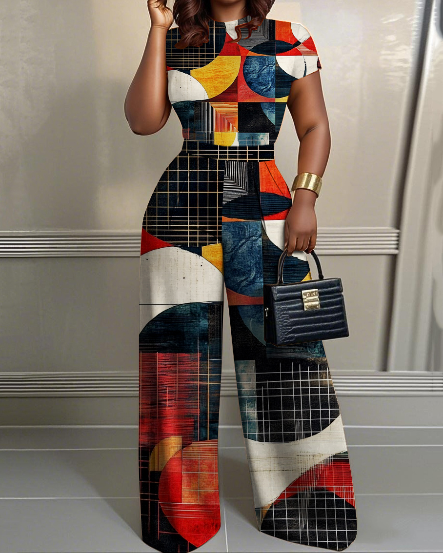Geometric Graffiti Mosaic 2pcs Set Short Sleeve Shirt and Wide Leg Pants