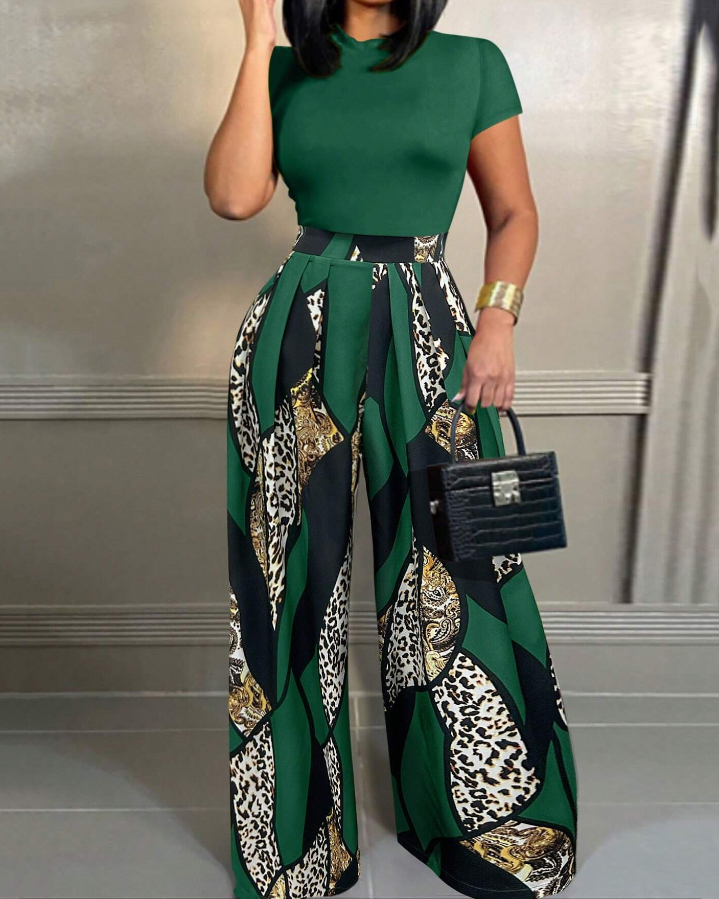 Green Leopard Geometric 2pcs Set Short Sleeve Shirt and Wide Leg Pants