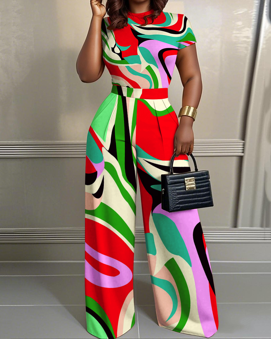 Colored Wavy Stripes 2pcs Set Short Sleeve Tshirt and Wide Leg Pants