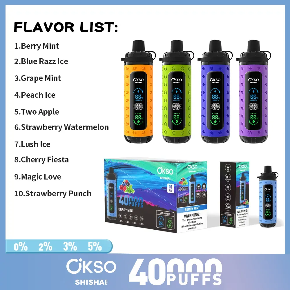 OKso Shisha Max 40k Disposable Vape 40000 Puffs Rechargeable Mesh Coil 0-5% Nicotine