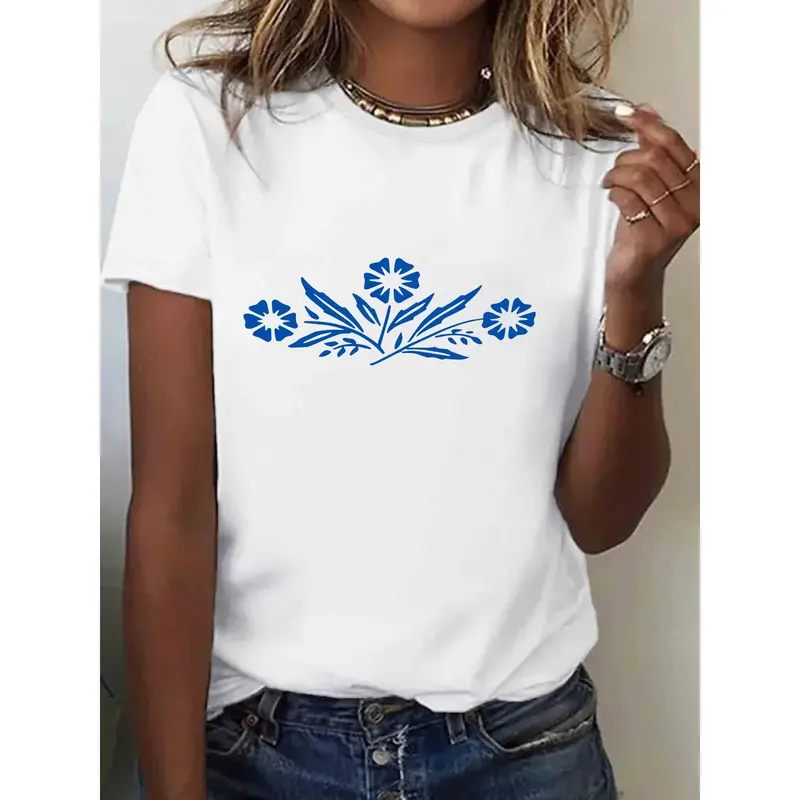 “Minimalist Blue Floral” Casual Tee