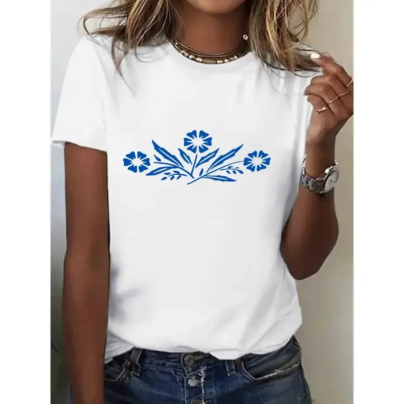 “Minimalist Blue Floral” Casual Tee