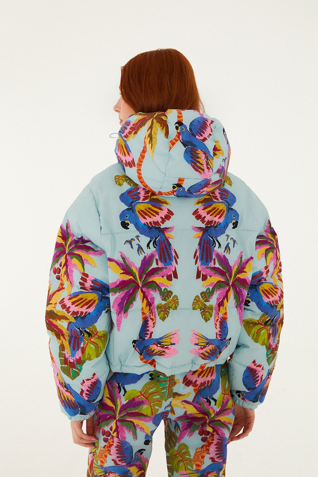 Blue macaw hooded puffer ski jacket