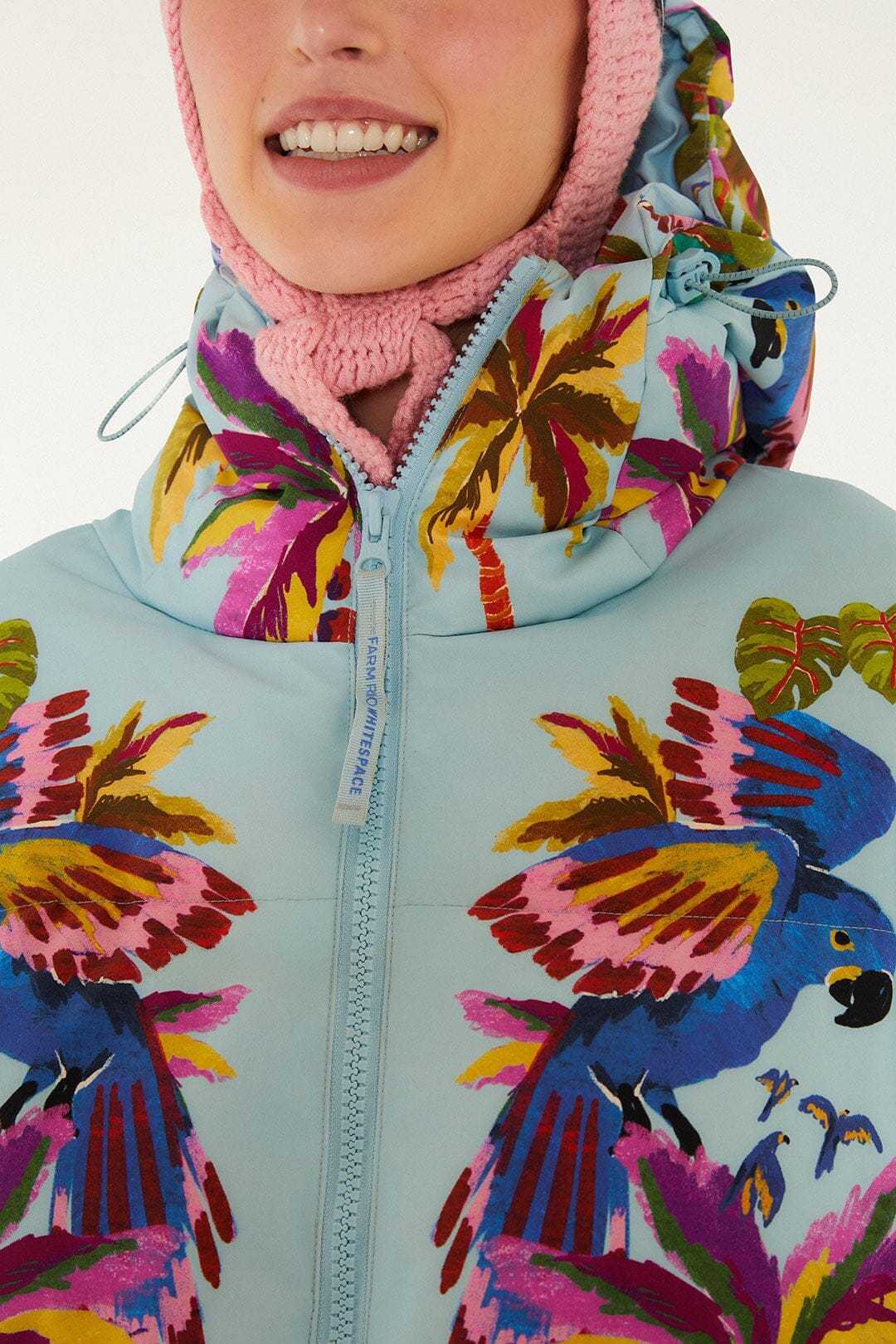 Blue macaw hooded puffer ski jacket