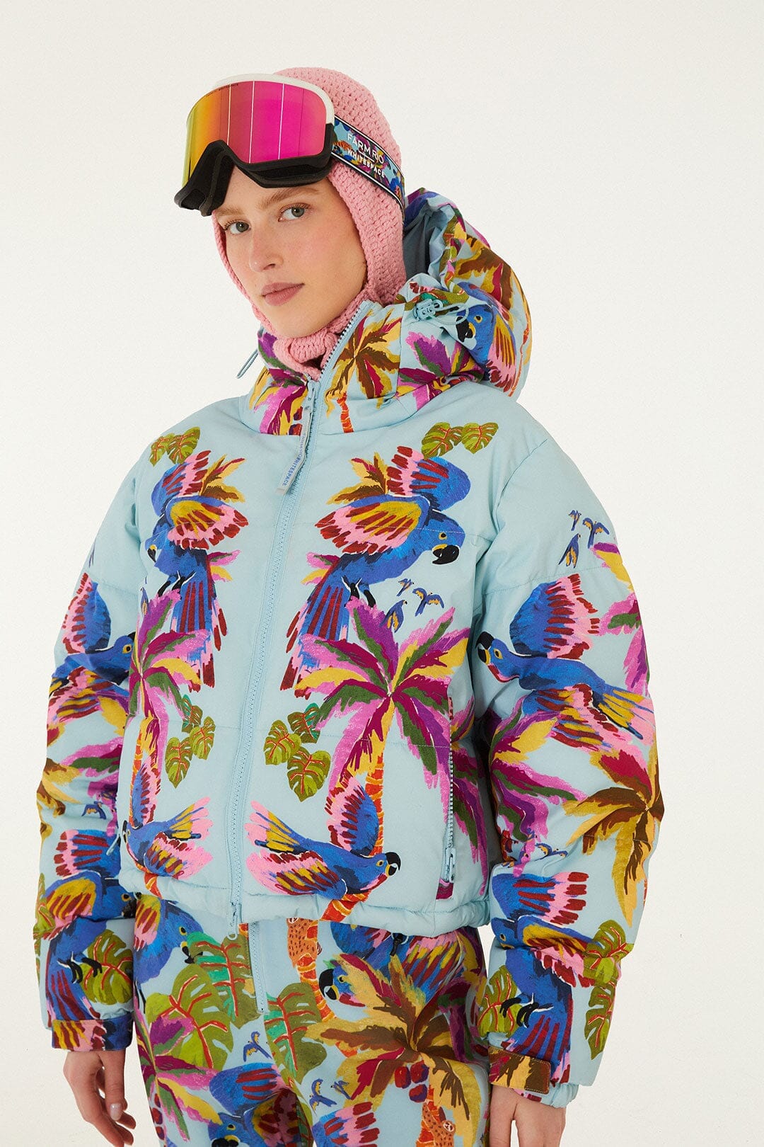 Blue macaw hooded puffer ski jacket