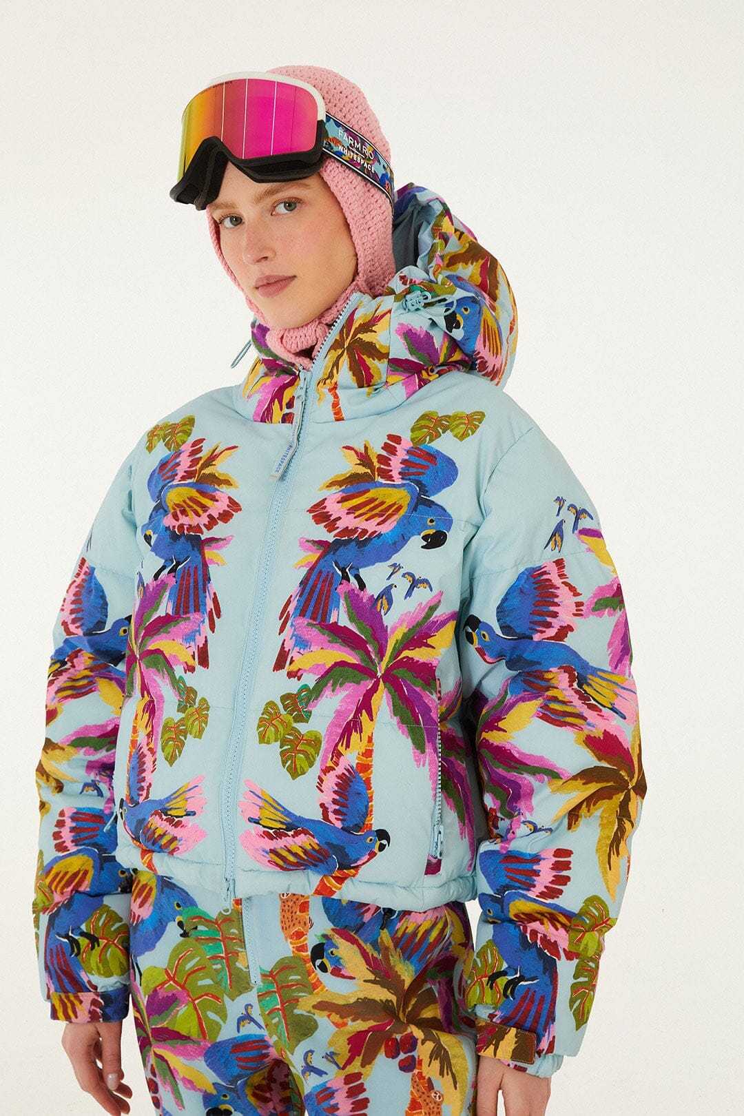 Blue macaw hooded puffer ski jacket