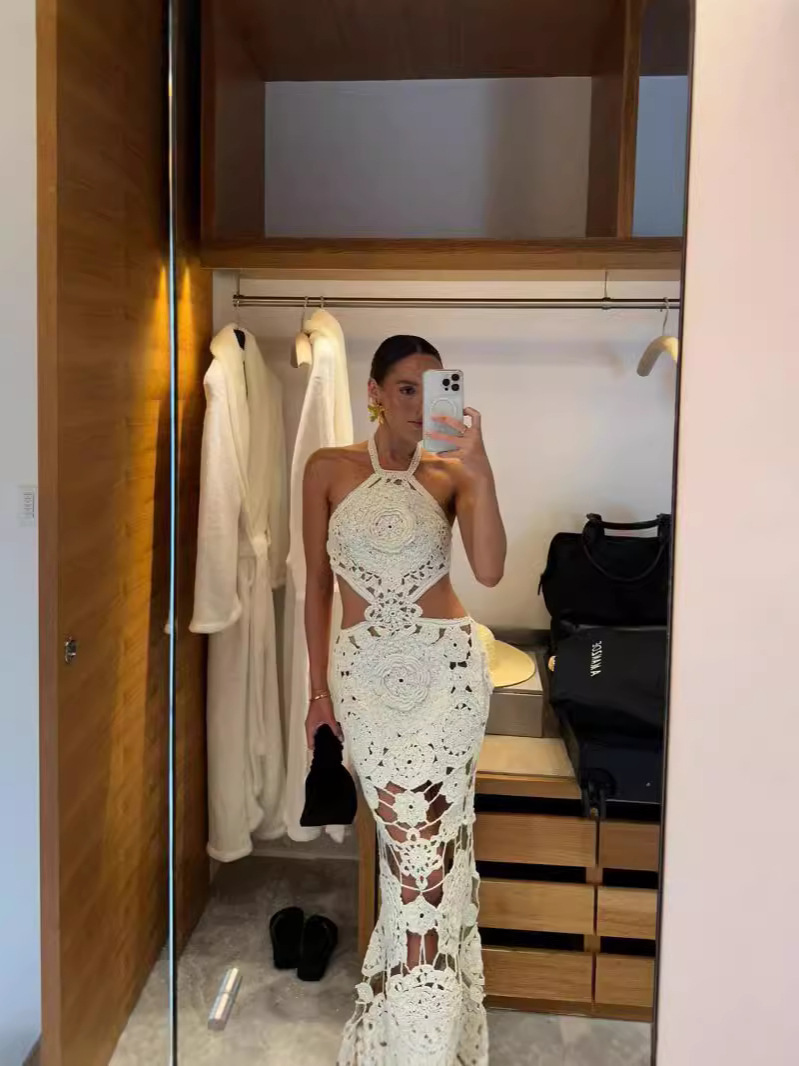 Halter Neck Crochet Cutout Floral Maxi Dress