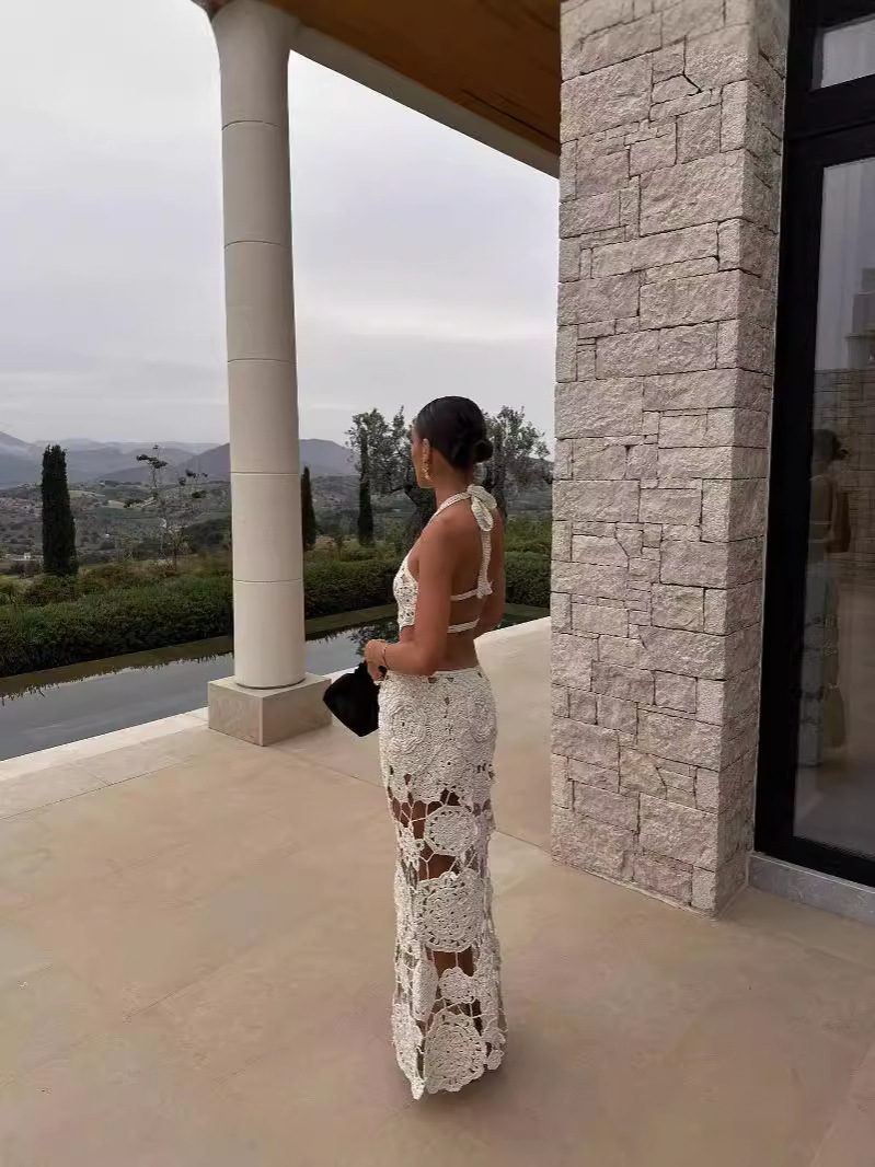 Halter Neck Crochet Cutout Floral Maxi Dress