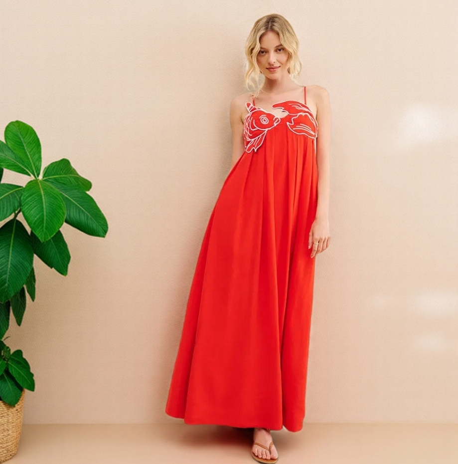 Fish Top Linen Blend Maxi Dress-ROVOLE