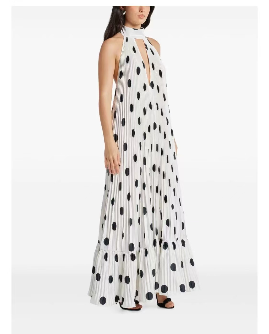 Wine Dot Pleated Halter Maxi Dress