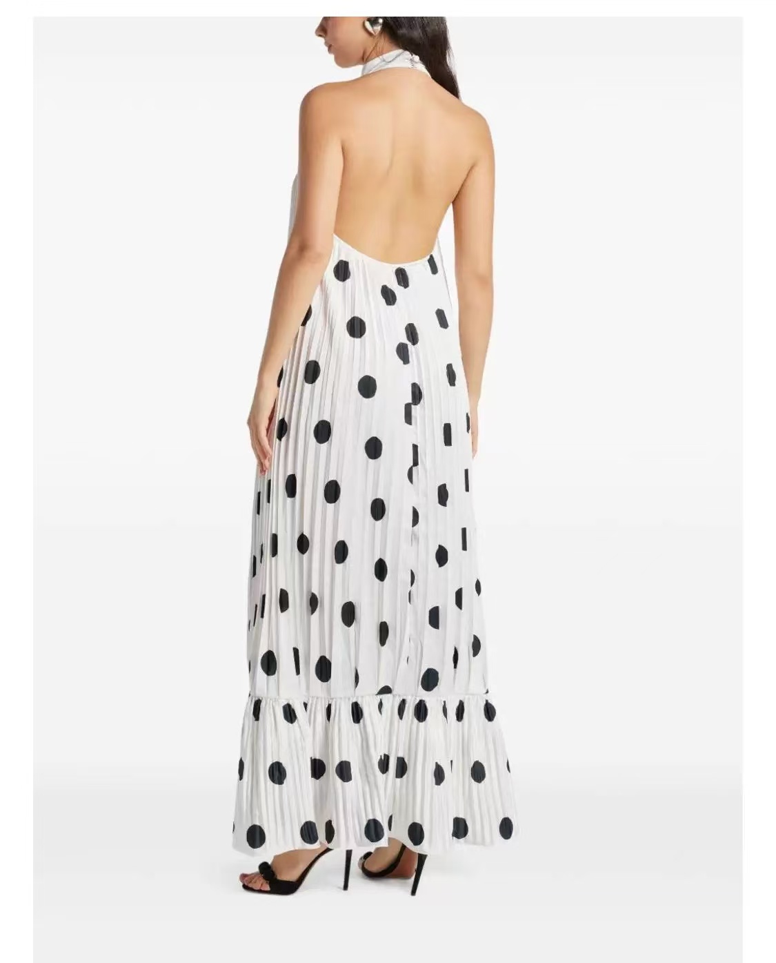 Wine Dot Pleated Halter Maxi Dress