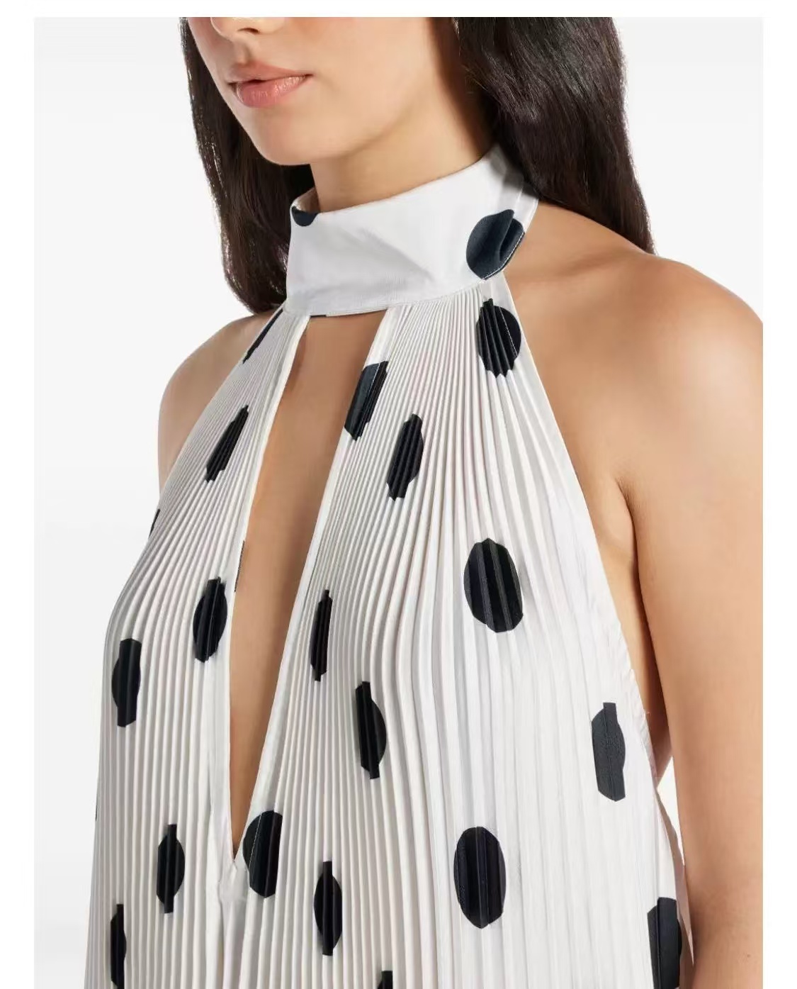 Wine Dot Pleated Halter Maxi Dress