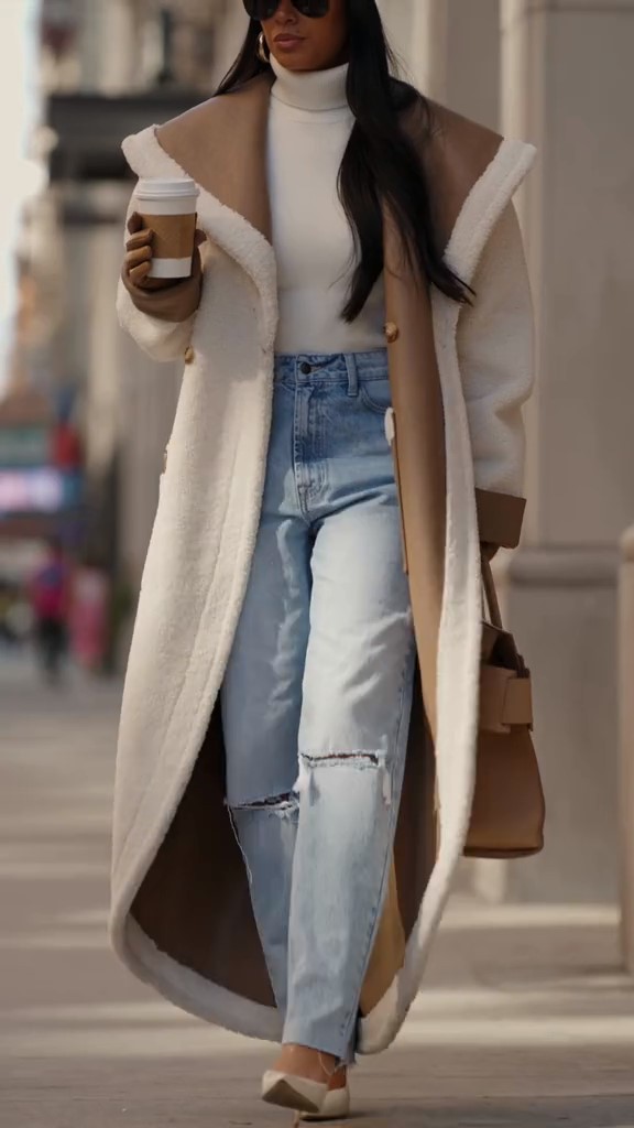 Leather Shearling Wrap Coat-ROVOLE