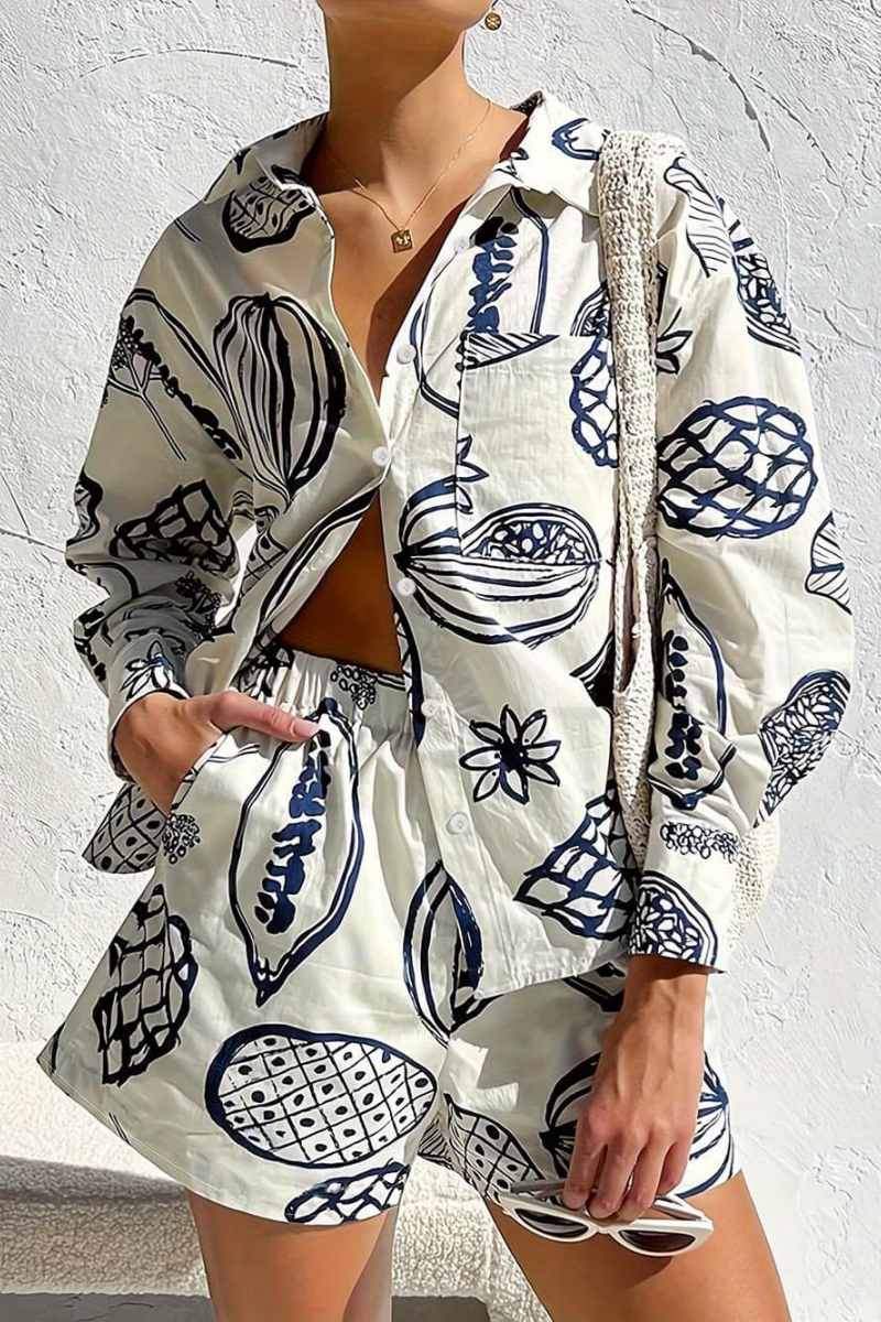 Summer Fruit Print Loose Shirt Shorts Set-ROVOLE