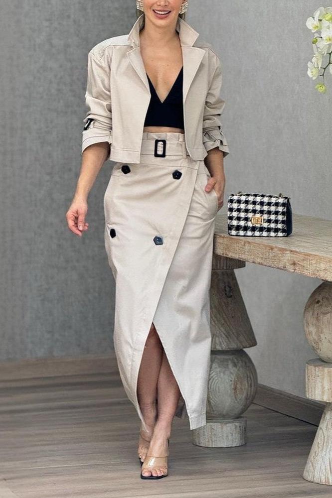 Fashion Lapel Jacket & Split Skirt Two-Piece Set-ROVOLE