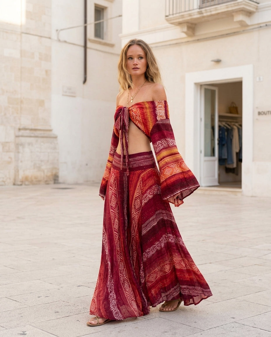 Red Muse Wedding Guest Printed Skirt Set Red Skirt Set with Cropped silhouette and Textured texture, front view product image for Wedding Guest, Brunch in SoHo, Summer current summer selling: vacation, resort dinner, wedding guest, festival weekends, and by rovole