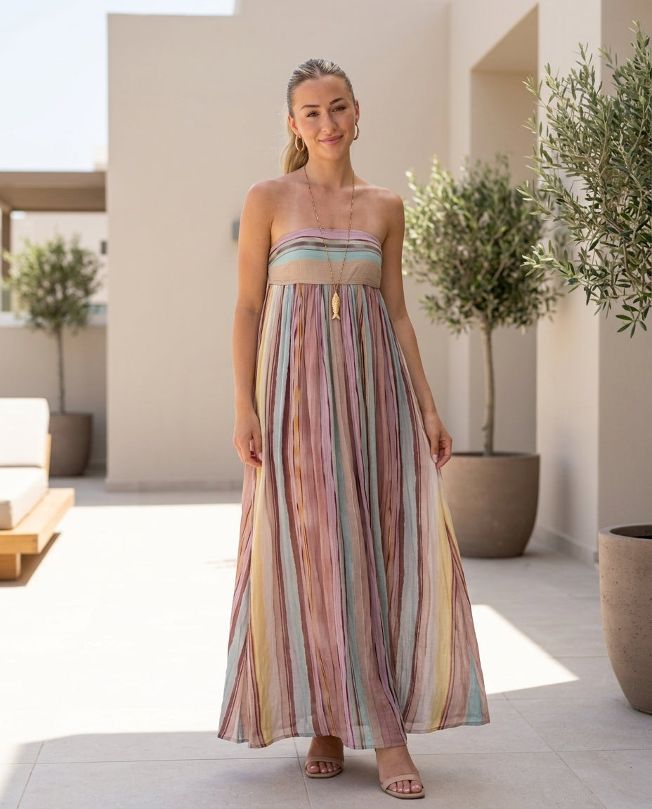 Pink Muse Wedding Guest Striped Maxi Dress Pink Maxi Dress with Relaxed Fit silhouette and Textured texture, front view product image for Wedding Guest, a polished coastal brunch, Summer current summer selling: vacation, resort dinner, wedding guest, fest by rovole