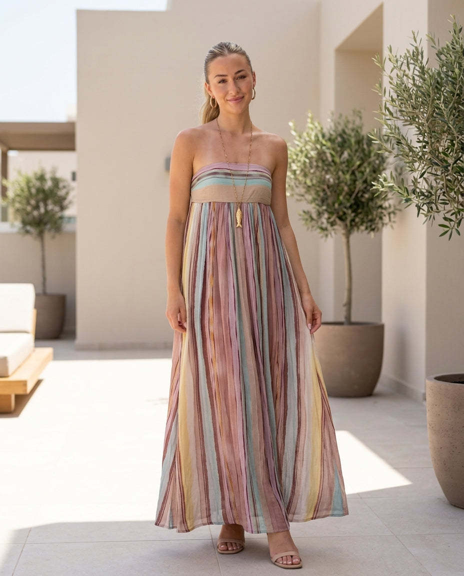 Pink Muse Wedding Guest Striped Maxi Dress Pink Maxi Dress with Relaxed Fit silhouette and Textured texture, front view product image for Wedding Guest, a polished coastal brunch, Summer current summer selling: vacation, resort dinner, wedding guest, fest by rovole
