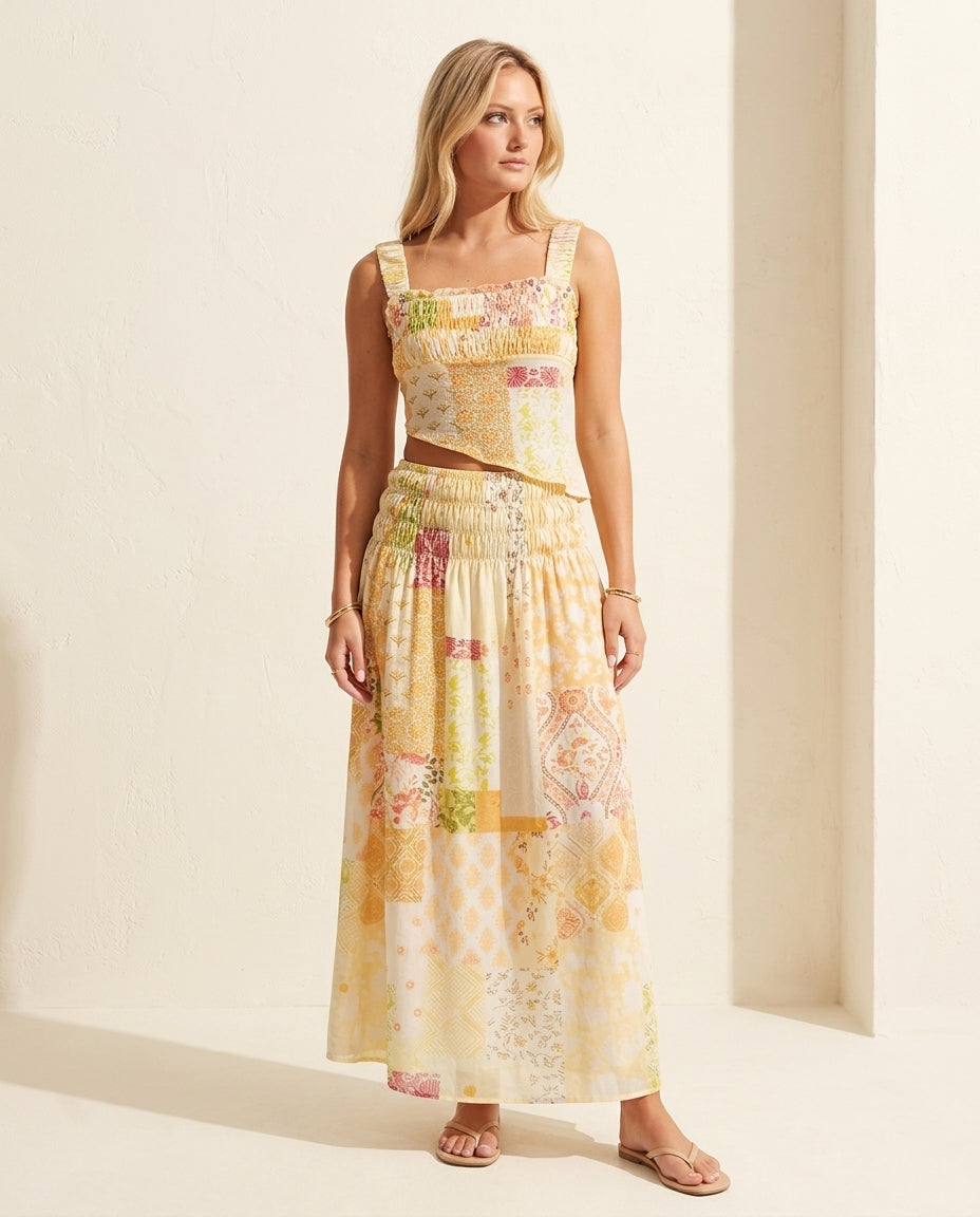 Butter Yellow Lustre Wedding Guest Smocked Skirt Set Butter Yellow Skirt Set with Cropped silhouette and Textured texture, front view product image for Wedding Guest, a polished coastal brunch, Summer current summer selling: vacation, resort dinner, weddi by rovole