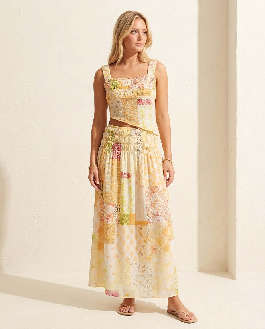 Butter Yellow Lustre Wedding Guest Smocked Skirt Set Butter Yellow Skirt Set with Cropped silhouette and Textured texture, front view product image for Wedding Guest, a polished coastal brunch, Summer current summer selling: vacation, resort dinner, weddi by rovole