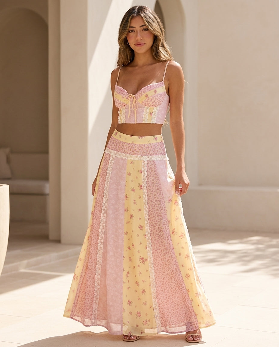 Pink Bloom Wedding Guest Lace Skirt Set Pink Skirt Set with Cropped silhouette and Textured texture, front view product image for Wedding Guest, a Palm Springs weekend, Summer current summer selling: vacation, resort dinner, wedding guest, festival weeken by rovole