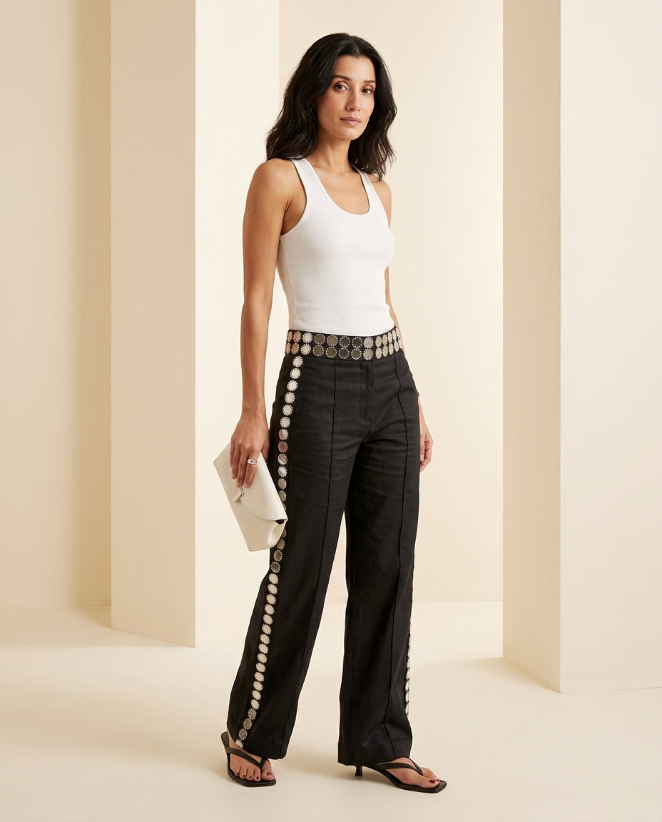 Black Poise Resort Linen Pants Black Pants with Asymmetric silhouette and Linen Blend texture, front view product image for Resort Wear, Evening in Amalfi, Euro Chic Premium by rovole