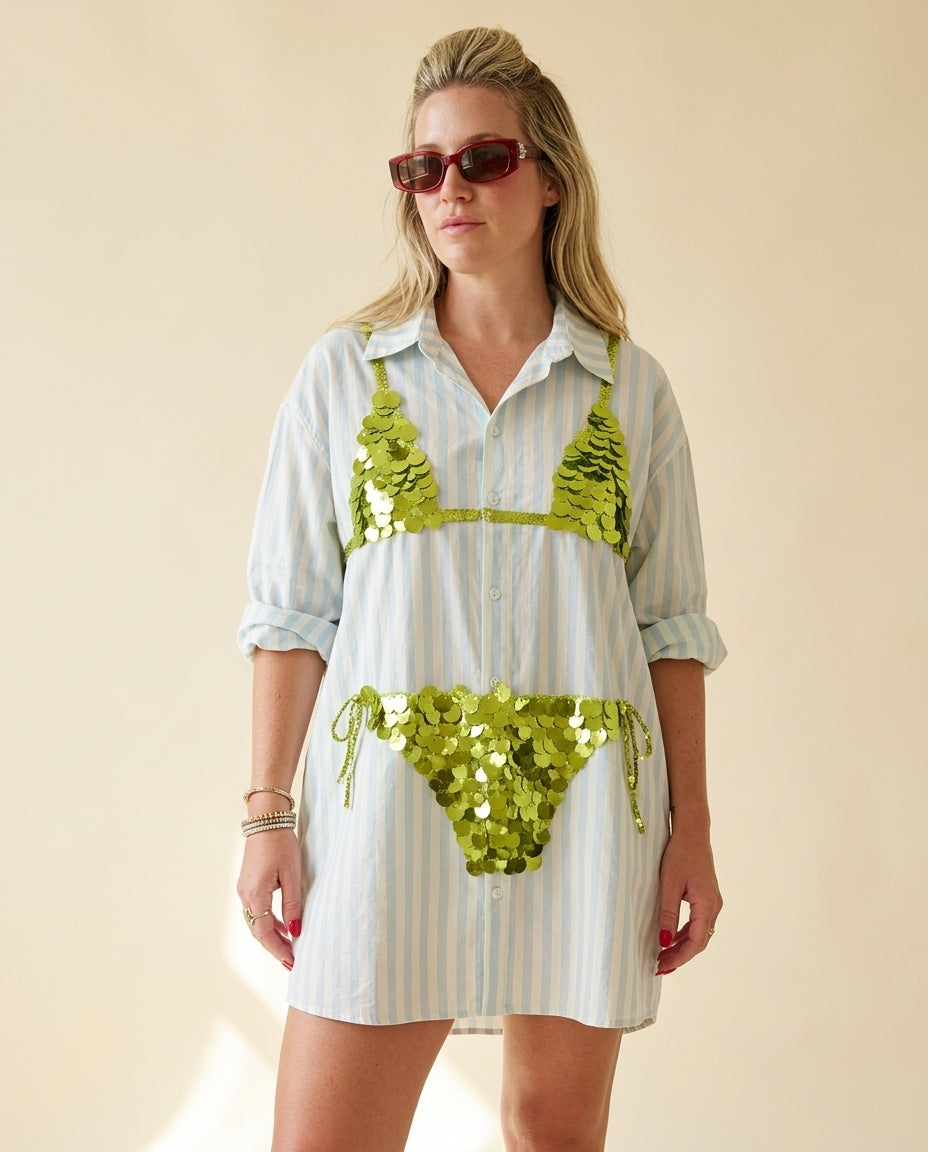 Light Blue Velvet Resort Striped Maxi Dress Light Blue Maxi Dress with Relaxed Fit silhouette and Poplin texture, front view product image for Resort Wear, a Palm Springs weekend, US Coastal Glam by rovole