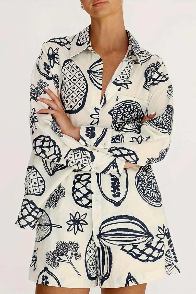 Summer Fruit Print Loose Shirt Shorts Set-ROVOLE