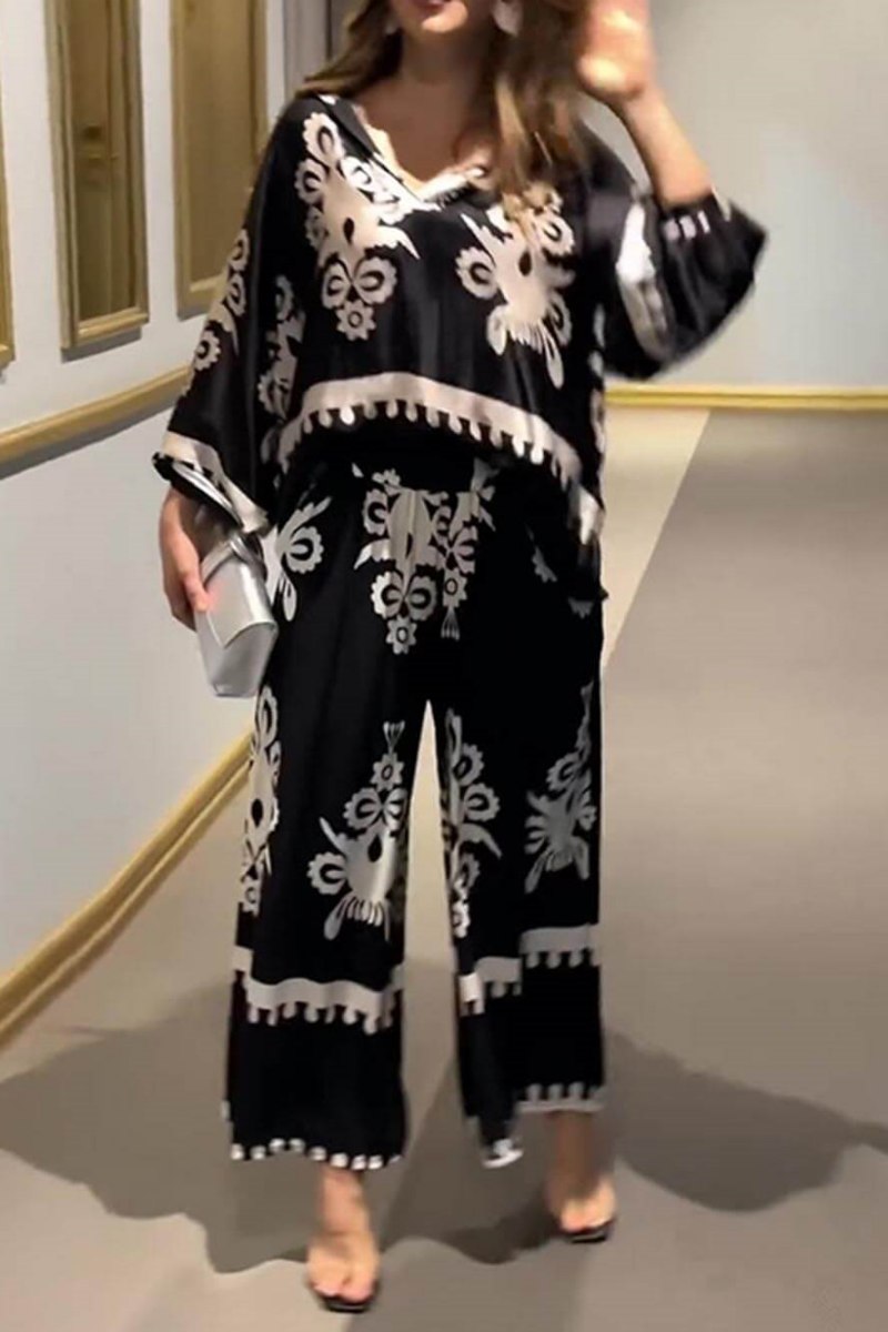 Unique Print Irregular Long Sleeve Top Long Pants Set-ROVOLE