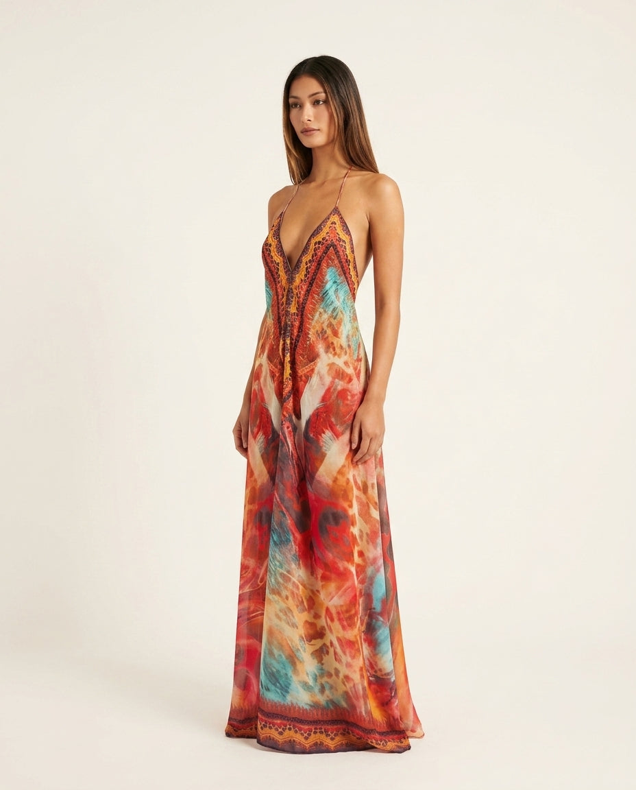 Orange Aura Wedding Guest Abstract Print Maxi Dress Orange Maxi Dress with Relaxed Fit silhouette and Textured texture, clean studio product view for Wedding Guest, Sunset in Malibu, Summer current summer selling: vacation, resort dinner, wedding guest, f by rovole