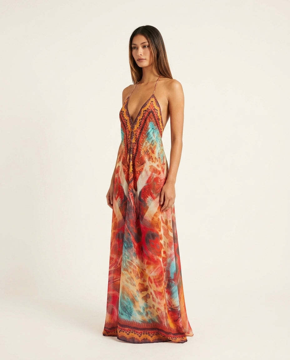 Orange Aura Wedding Guest Abstract Print Maxi Dress Orange Maxi Dress with Relaxed Fit silhouette and Textured texture, clean studio product view for Wedding Guest, Sunset in Malibu, Summer current summer selling: vacation, resort dinner, wedding guest, f by rovole