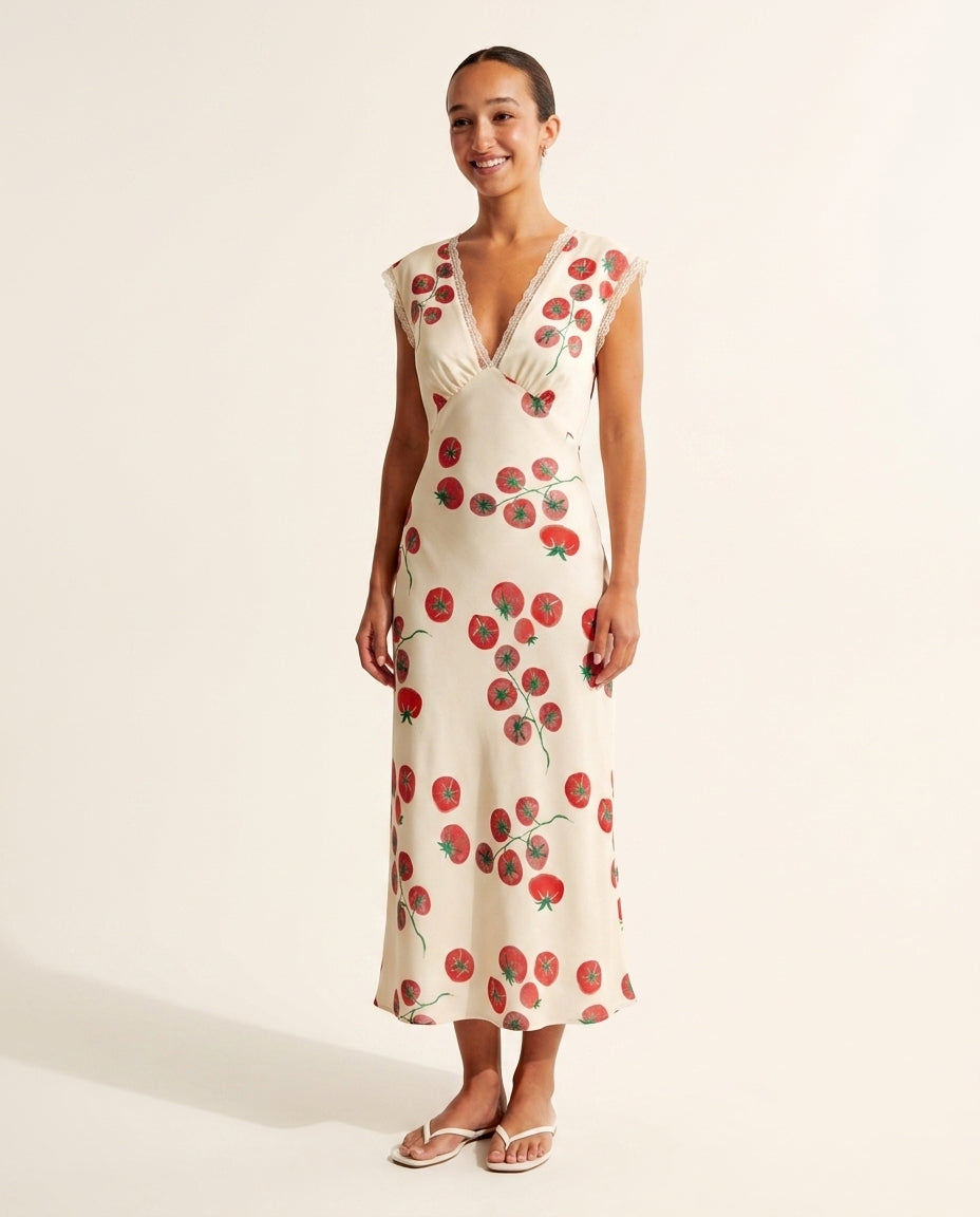 Ivory Reverie Wedding Guest Lace Midi Dress Ivory Midi Dress with Relaxed Fit silhouette and Satin texture, clean studio product view for Wedding Guest, Weekend in The Hamptons, Summer current summer selling: vacation, resort dinner, wedding guest, festiv by rovole