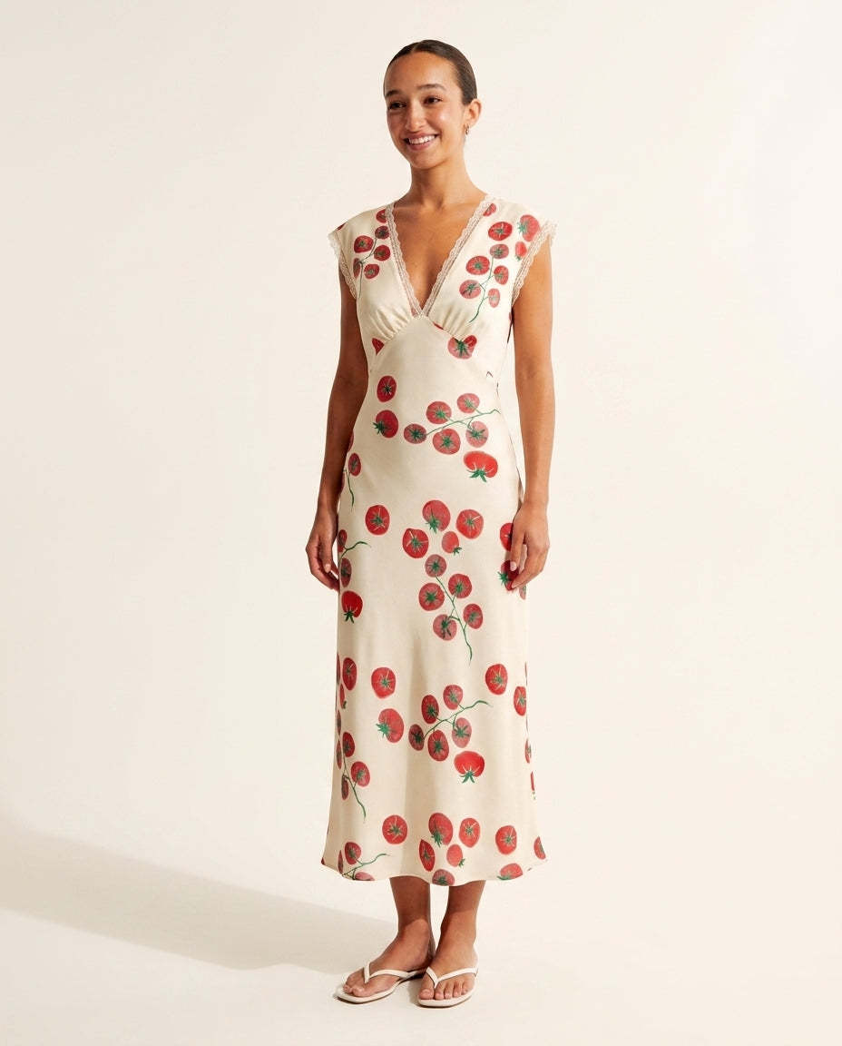 Ivory Reverie Wedding Guest Lace Midi Dress Ivory Midi Dress with Relaxed Fit silhouette and Satin texture, clean studio product view for Wedding Guest, Weekend in The Hamptons, Summer current summer selling: vacation, resort dinner, wedding guest, festiv by rovole