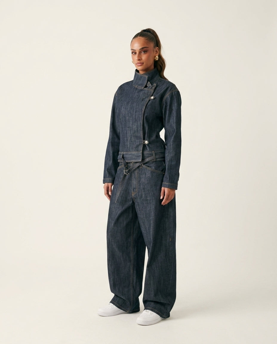 Denim Poise Wedding Guest Jumpsuit Denim Jumpsuit with Asymmetric silhouette and Textured texture, clean studio product view for Wedding Guest, a London dinner reservation, Summer current summer selling: vacation, resort dinner, wedding guest, festival we by rovole