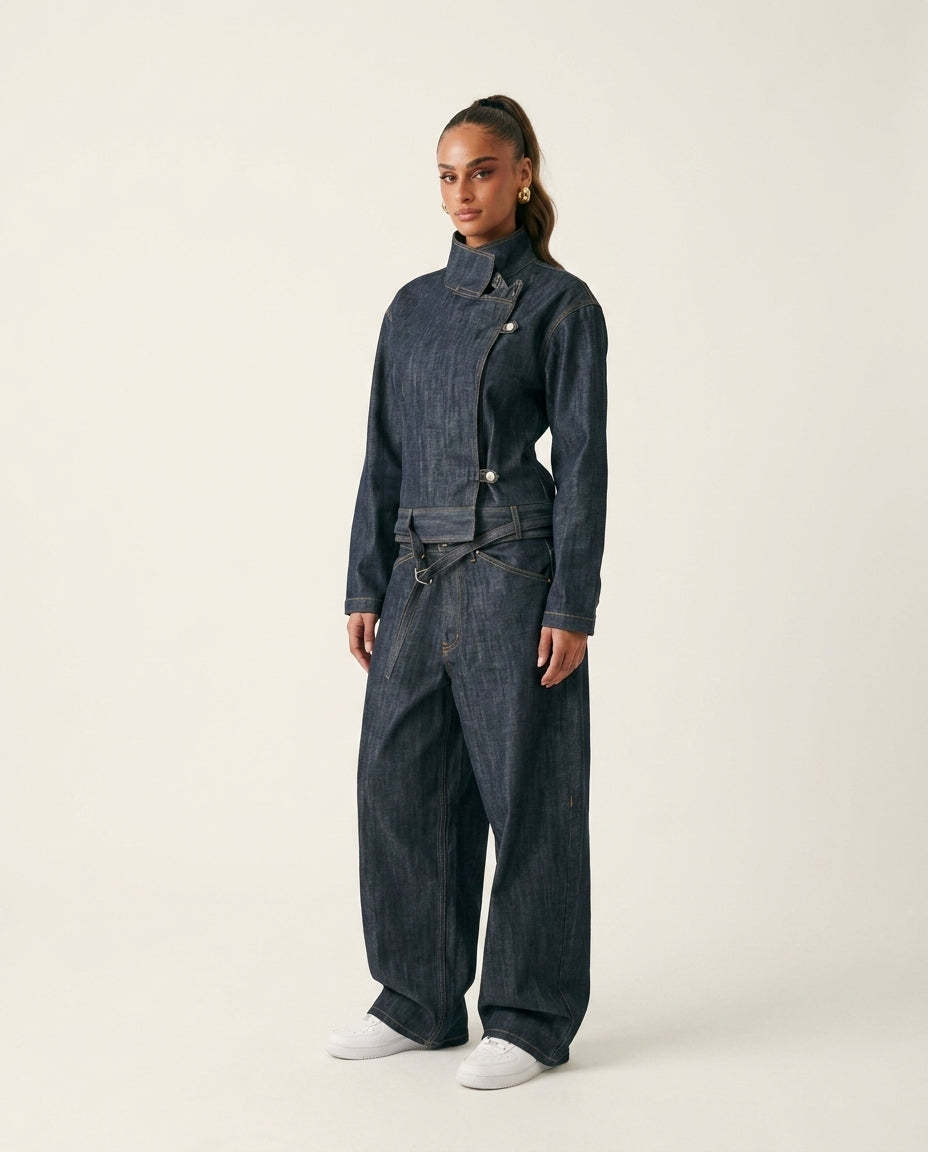 Denim Poise Wedding Guest Jumpsuit Denim Jumpsuit with Asymmetric silhouette and Textured texture, clean studio product view for Wedding Guest, a London dinner reservation, Summer current summer selling: vacation, resort dinner, wedding guest, festival we by rovole