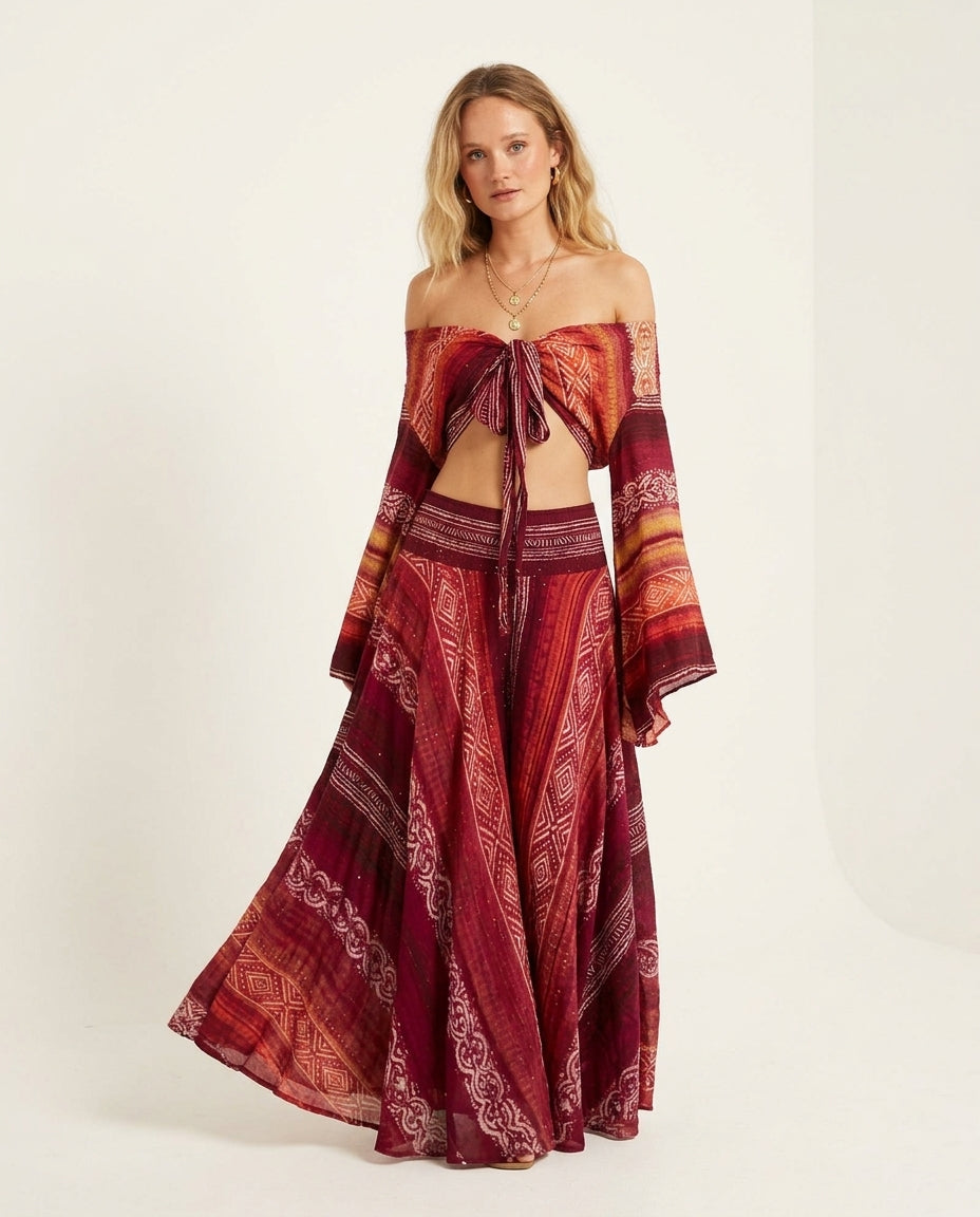 Red Muse Wedding Guest Printed Skirt Set Red Skirt Set with Cropped silhouette and Textured texture, clean studio product view for Wedding Guest, Brunch in SoHo, Summer current summer selling: vacation, resort dinner, wedding guest, festival weekends, and by rovole