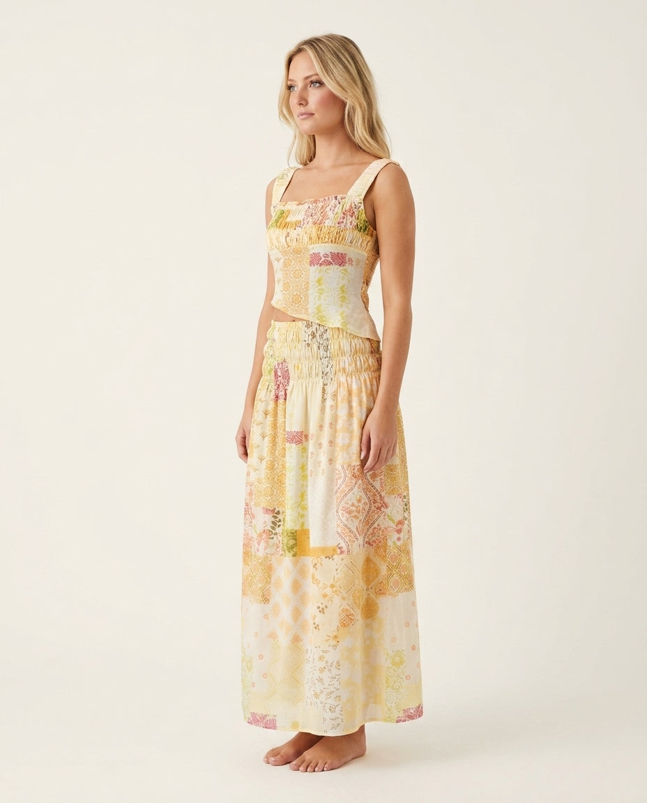Butter Yellow Lustre Wedding Guest Smocked Skirt Set Butter Yellow Skirt Set with Cropped silhouette and Textured texture, clean studio product view for Wedding Guest, a polished coastal brunch, Summer current summer selling: vacation, resort dinner, wedd by rovole