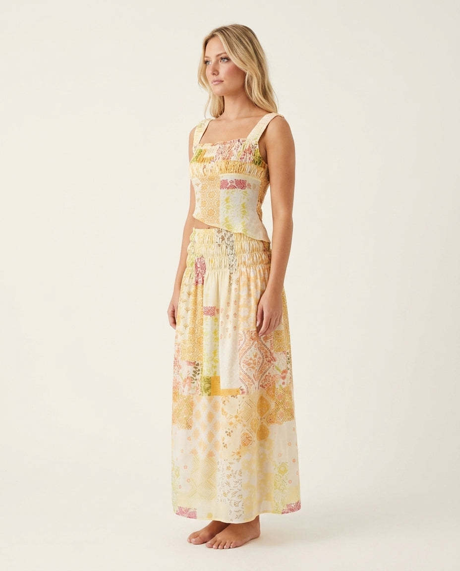 Butter Yellow Lustre Wedding Guest Smocked Skirt Set Butter Yellow Skirt Set with Cropped silhouette and Textured texture, clean studio product view for Wedding Guest, a polished coastal brunch, Summer current summer selling: vacation, resort dinner, wedd by rovole