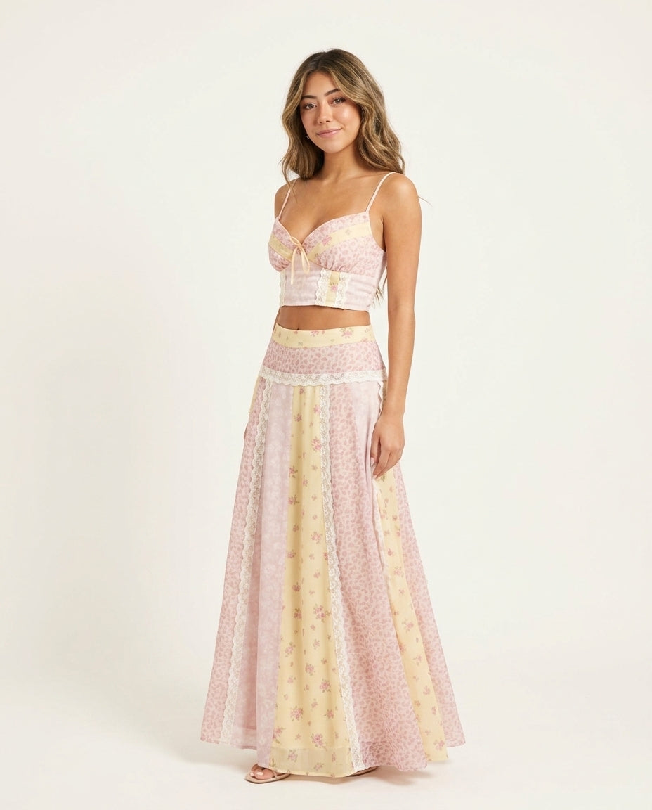 Pink Bloom Wedding Guest Lace Skirt Set Pink Skirt Set with Cropped silhouette and Textured texture, clean studio product view for Wedding Guest, a Palm Springs weekend, Summer current summer selling: vacation, resort dinner, wedding guest, festival weeke by rovole