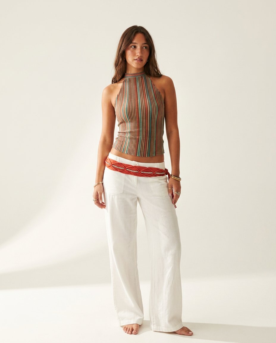 Brown Glow Wedding Guest Striped Pant Set Brown Pant Set with Wide-Leg silhouette and Ribbed Knit texture, clean studio product view for Wedding Guest, Evening in Amalfi, Summer current summer selling: vacation, resort dinner, wedding guest, festival week by rovole