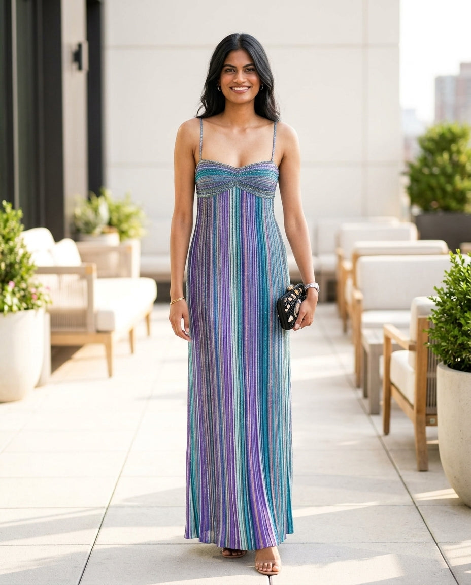 Blue Velvet Wedding Guest Striped Maxi Dress Blue Maxi Dress with Flowing silhouette and Ribbed Knit texture, clean studio product view for Wedding Guest, a rooftop dinner in LA, Summer current summer selling: vacation, resort dinner, wedding guest, festi by rovole