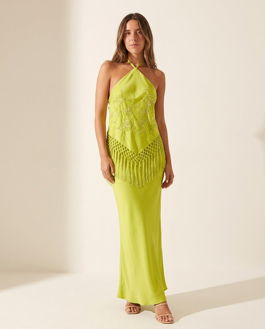 Lime Green Grace Wedding Guest Embroidered Maxi Dress Lime Green Maxi Dress with Flowing silhouette and Satin texture, clean studio product view for Wedding Guest, a rooftop dinner in LA, Summer current summer selling: vacation, resort dinner, wedding gue by rovole