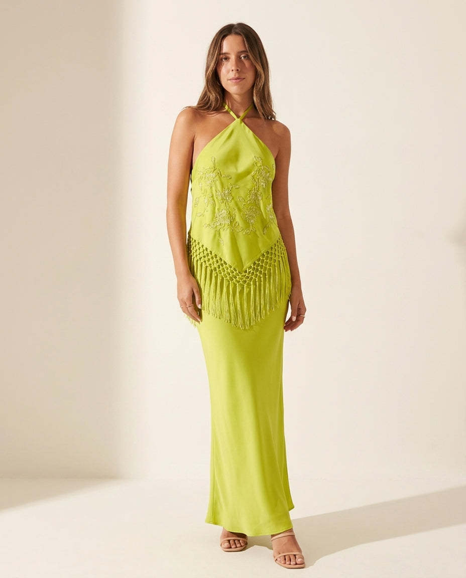 Lime Green Grace Wedding Guest Embroidered Maxi Dress Lime Green Maxi Dress with Flowing silhouette and Satin texture, clean studio product view for Wedding Guest, a rooftop dinner in LA, Summer current summer selling: vacation, resort dinner, wedding gue by rovole